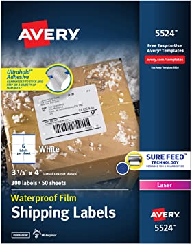 Avery Waterproof Shipping Labels with Sure Feed & TrueBlock, 3-1/3" x 4", 300 White Laser Labels (5524)