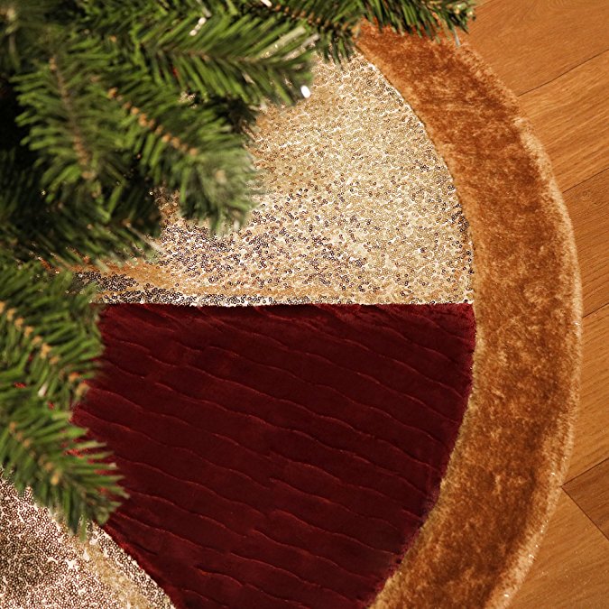 Valery Madelyn 48 Inch Luxury Red and Gold Sequin Velvet Christmas Tree skirt with Fur Trim Border,Themed with Christmas Ornaments (Not Included)