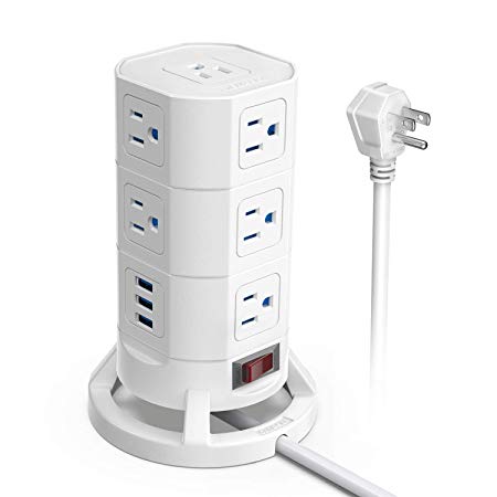 BESTEK Power Strip Tower,12-Outlet Surge Protector with 3 USB Charging Ports,3-Layer Detachable Design,6 Foot Extension Cord,White