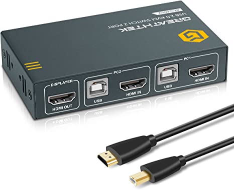 KVM Switch HDMI 2 Port, 4K@60Hz Ultra HD Resolution,4 USB2.0 Support Printers and Other USB Devices, One Key to Switch,with All Needed Cables