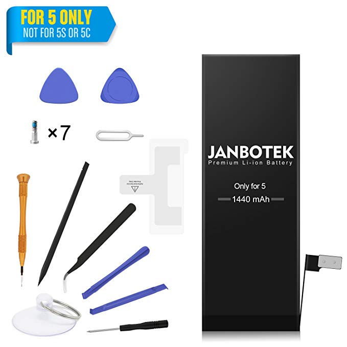JANBOTEK Replacement Battery for iP5 - Repair Kit with Tools, Adhesive Strips - New 1440 mAh 0 Cycle Battery - 24-Month Warranty