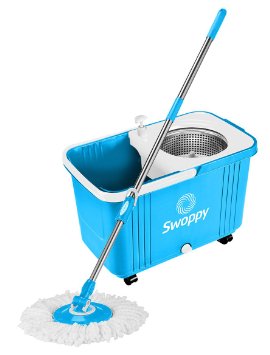 Swoppy Double Spin Mop Deluxe With Stainless Steel Bucket Wringer & Two Microfibre Mop Heads, Best Spin Mop 360 Spinning Mop, 2 Year Warranty! Perfect System For Floor Cleaning.