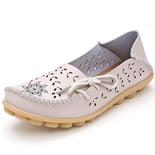 Goeao Women's Leather Loafers Cowhide Lace Up Casual Moccasin Driving Shoes Flat Indoor Slip-on Slippers