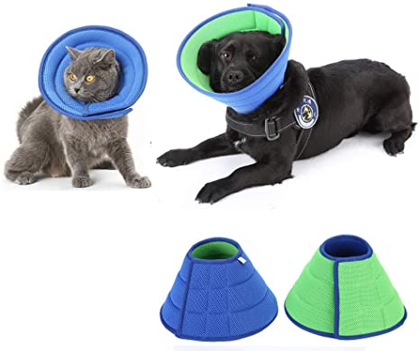 HanryDong Dog Breathable Mesh Recovery Elizabethan Collar, Cat Soft Comfy Adjustable E-Collar, Double Side Blue Green Quicker Healing Pet Cone, Soft Edges,Anti-Bite/Lick for Cat, Dog, Rabbit.