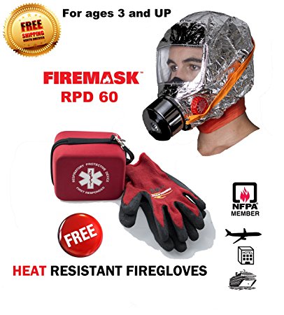 FIREMASK Emergency Escape Mask & Heat Resistant FIREGLOVES- 5 year shelf life!!! - Travel size - URBAN SURVIVAL / FIRE / CHEMICAL / DUST / BIOLOGICALS Hood Oxygen Mask Smoke Gas Mask Respirator