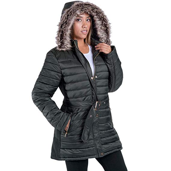 Eurogarment Womens Hooded Long Down Jacket Winter Black Grey Quilted Jacket Sherpa Lined Coat