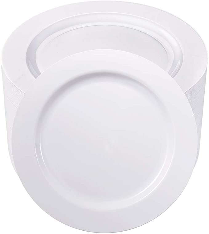 BUCLA 100PCS White Plastic Plates-10.25inch Disposable Dinner Plates-Premium Party&Wedding Plates