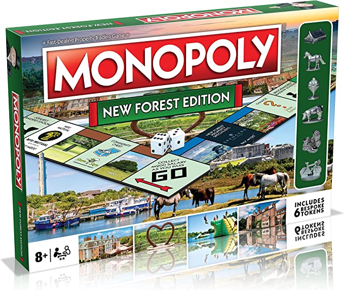 New Forest Monopoly Board Game, Pick up a Chance or a Community Chest, watch out for taxes, jail and bankruptcy and trade your way to success, makes a great gift for players aged 8 plus