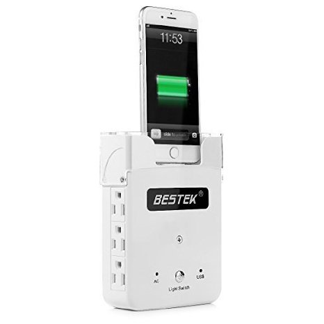 BESTEK 6 Outlet Wall-Mount Surge Protector with Cell Phone Charging Dock and 5.2A 4 USB Charging Ports.