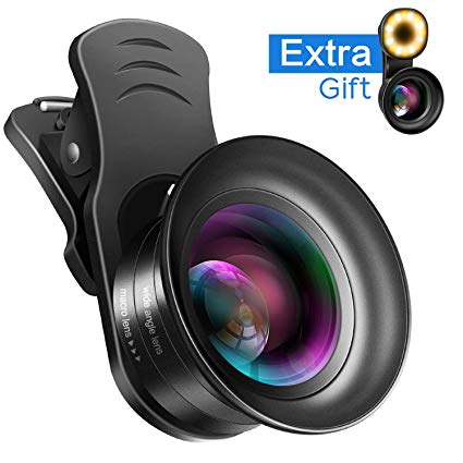 Cell Phone Camera Lens Kit – VIEWOW 4K HD 7 Optical Glasses 15X Macro 0.45X Wide Angle Phone Lens Kit with LED Light and Travel Case, Compatible with iPhone X/XS/8/7 Plus Samsung Pixel