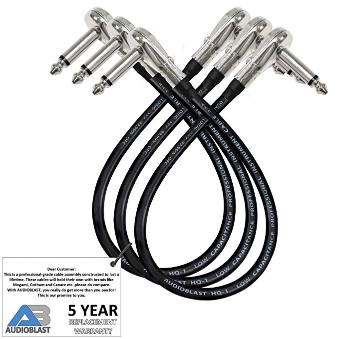 3 Units - 1.5 Foot - Audioblast HQ-1 - Ultra Flexible - Dual Shielded (100%) - Instrument Effects Pedal Patch Cable w/ ¼ inch (6.35mm) Low-Profile, R/A Pancake Type TS Connectors & Dual Staggered Boot