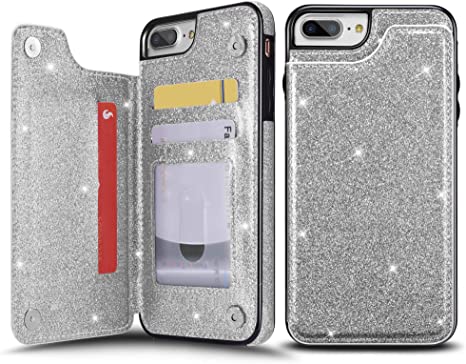 UEEBAI Case for iPhone SE 2020 iPhone 7 iPhone 8, Premium Glitter PU Leather Case Back Wallet Cover [Two Magnetic Clasp] [Card Slots] Stand Function Durable Shockproof Soft TPU Case - Silver