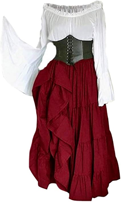 Women's Renaissance Medieval Costume Flare Sleeve Corset Skirt Overskirt Elven Archer Fancy Dress Irish Over Gown 2pcs Set