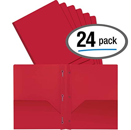 Better Office Products Red Plastic 2 Pocket Folders with Prongs, Heavyweight, Letter Size Poly Folders, 24 Pack, with 3 Metal Prongs Fastener Clips, Red