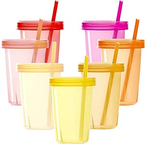 Youngever 7 Sets Plastic Kids Cups with Lids and Straws, 7 Reusable Toddler Cups with Straws in 7 Pink Colors