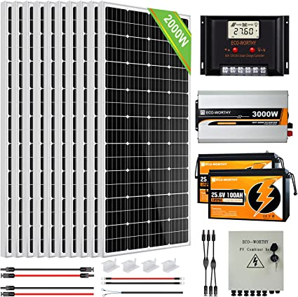 ECO-WORTHY 8KWh 2000W 24V Solar Power Kit System for Home: 10pcs 195W Solar Panel  2pcs 25.6V 100Ah Lithium Battery  3000W 24V Pure Sine Wave Inverter  60A Controller  6 String Combiner Box