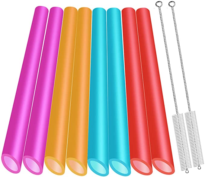 Angled Tips 8 Pieces Reusable Boba Straws and Smoothie Straws, Extra Wide Great for Bubble Tea, Boba Pearls, and Thick Drinks with 2 Cleaning Brushes, BPA Free and Eco-friendly