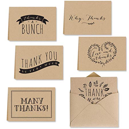Kraft Thank You Note Card Assortment Pack - Set of 36 cards - 6 designs blank inside - with Kraft envelopes (53513)