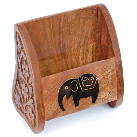 Rusticity Wooden Mobile Stand - 2.75 in x 4 in - Black Elephant and Carving Cell Phone / Smartphone Holder (Wide) - Handmade from Indian Rosewood