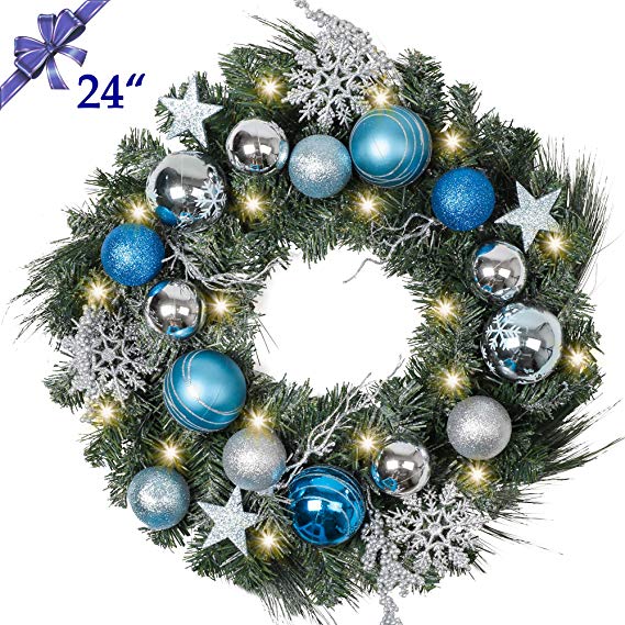 Christmas Wreath for Front Door, Pre-Lit 24 Inch Silver Blue Christmas Door Wreath, Decorative Lighted Wreath with Artificial Spruce, Berries, Christmas Ball Ornaments, Battery Operated 20 LED Lights