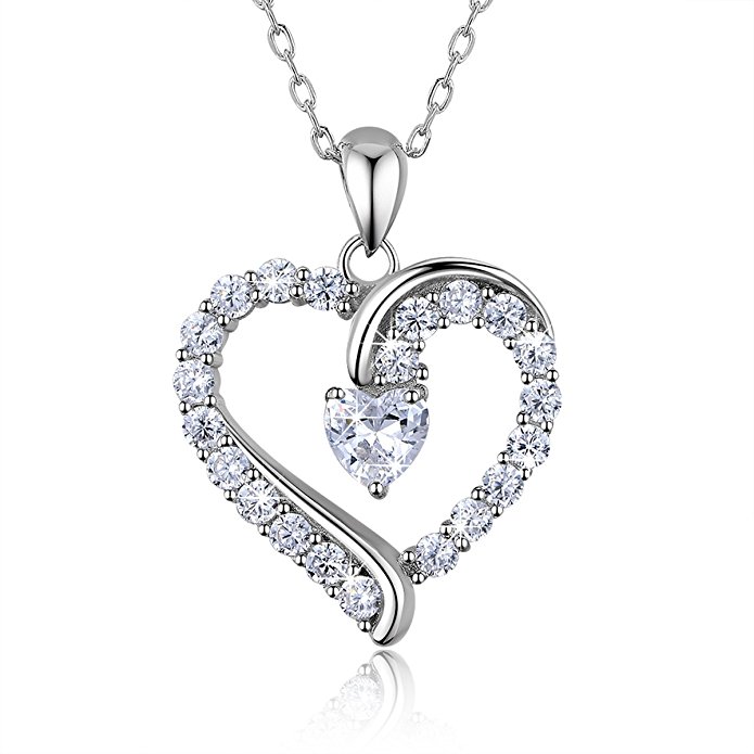 925 Sterling Silver heart necklace - Billie Bijoux “You Are the Only One” Love Platinum Plated Diamond pendant 18"
