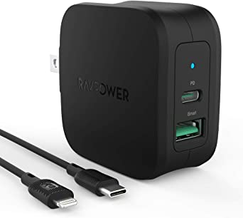 RAVPower iPhone Fast Charger MFi Certified PD 20W Dual Port USB C Charger with 3ft C to Lightning Cable Wall Charger Plug for iPhone 12/11/11 Pro/11 Pro Max/SE, Galaxy S20, iPad Pro 2020, Switch