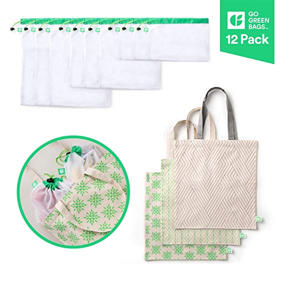 GoGreenBags 12 Pack Reusable Bags: Natural Cotton Tote Bag | Washable Mesh Bags | 4 Styles | 4 Sizes | 12 Bag Bundle | Grocery Tote Bags | Shopping Totes | Produce Bags | Toy Bags