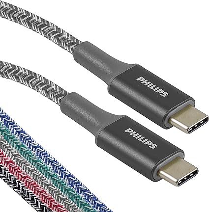 PHILIPS 3 ft. USB Type C Cable, USB-C to USB-C Gray Durable Braided Fast Charging Cable, Nylon, Compatible with iPad Pro, MacBook Pro, Samsung Galaxy S10 S9 Note 9 8 S8 Plus, DLC5203GC/37