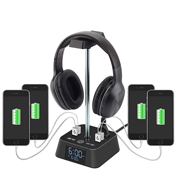 Headphone Stand with 4 USB Charger and 2 Outlet Desktop Headset Holder Hanger Bracket with LED Lamp Alarm Clock Base - Suitable for Gaming, DJ, Boyfriend Gift(Black)