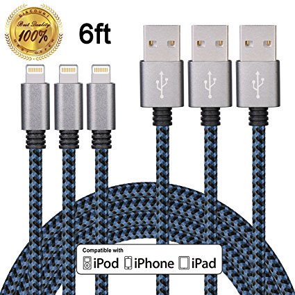 Winage 3Pack 6ft Nylon Braided Lightning to USB Syncing and Charging Cable Cord Fully Compatible with iPhone 7/7 Plus/ 6/ 6 Plus/ 6s/ 6s Plus /5/5s/SE iPad/iPod/Beats Pill  and More(Black&Blue)