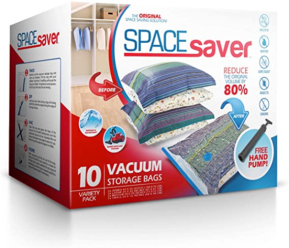 Spacesaver Premium Vacuum Storage Bags. 80% More Storage! Hand-Pump for Travel! Double-Zip Seal and Triple Seal Turbo-Valve for Max Space Saving! (Variety 10 Pack)