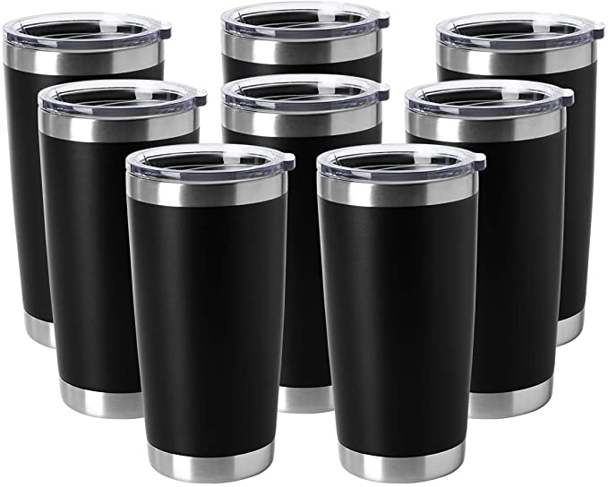 HASLE OUTFITTERS 20oz Tumblers Stainless Steel Mugs with Lid Double Wall Vacuum Insulated Coffee Cups for Cold & Hot Drinks 8 Pack Black