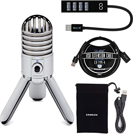 Samson Meteor Mic USB Studio Condenser Microphone with Mute Switch for Windows and Mac (Chrome) Bundle with Blucoil 3-FT USB 2.0 Type-A Extension Cable, and Mini USB Type-A Hub with 4 USB Ports