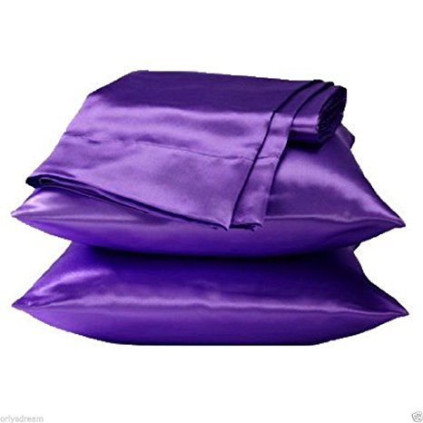 2 Pieces of 350TC Solid Purple Soft Silky Satin Pillow Cases King Size