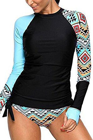 EVALESS Womens Geometric Print Contrast Long Sleeve Tie Side Rash Guard Tankini Swimsuit(S-XXXL)