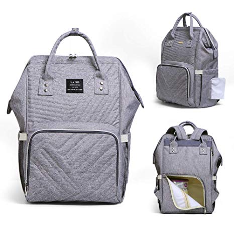 Land diaper bag multi-function waterproof travel backpack nappy bags insulated compartment pockets wipes pocket (light Gray)