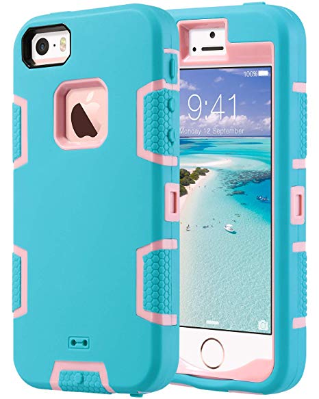 ULAK iPhone 5S Case, iPhone SE Case 3in1 Shockproof Combo Hybrid Hard Rigid PC   Soft Silicone Protective Case Cover for Apple iPhone SE/5S/5 (Blue Rose Gold)