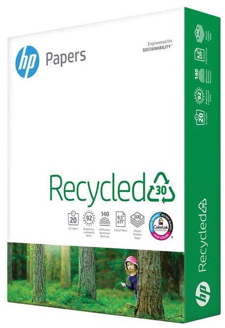 HP Printer Paper 8.5x11 Recycled30 20 lb 30% postconsumer recycled 1 Ream 500 Sheets 92 Bright Made in USA FSC Certified Copy Paper HP Compatible 112100R