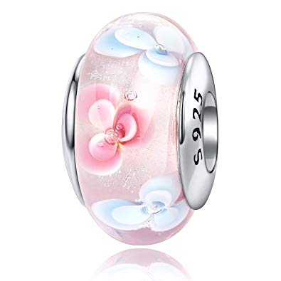 JIAYIQI 925 Sterling Silver Charm Glass Beads Hawaii Garden Charm Flower Blossom Charm Pink Charms for European Bracelet Gift