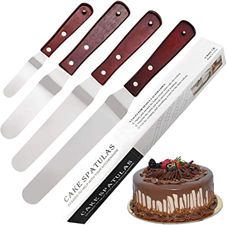 Offset Cake Decorating Angled Cake Icing Spatula Set of 4,Professional Stainless Steel Cake Decorating Frosting Spatulas, 4"-6"-8"-10" Flexible Resistant Blade, Wooden Handle for Easy Grip
