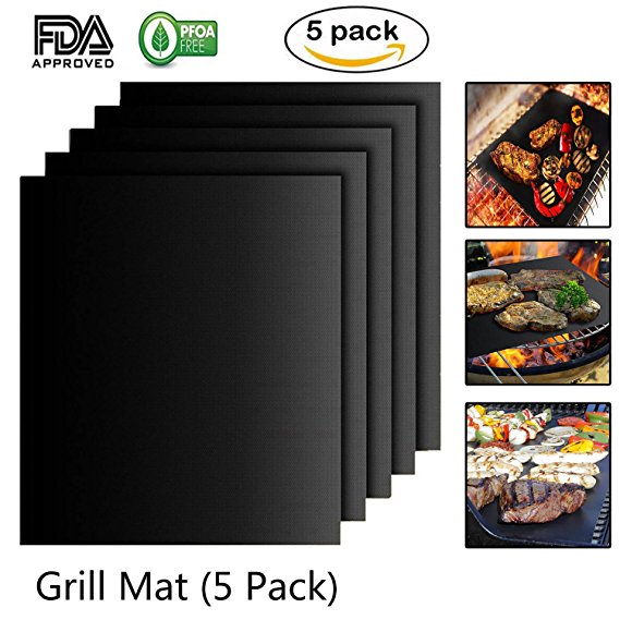Maibtkey BBQ Grill Mat Set of 5, Nonstick Grill Cooking Mat FDA Approved PFOA-Free Reusable Easy to Clean for Charcoal, Electric and Gas Grill 15.75 X 13 Inch Blacks