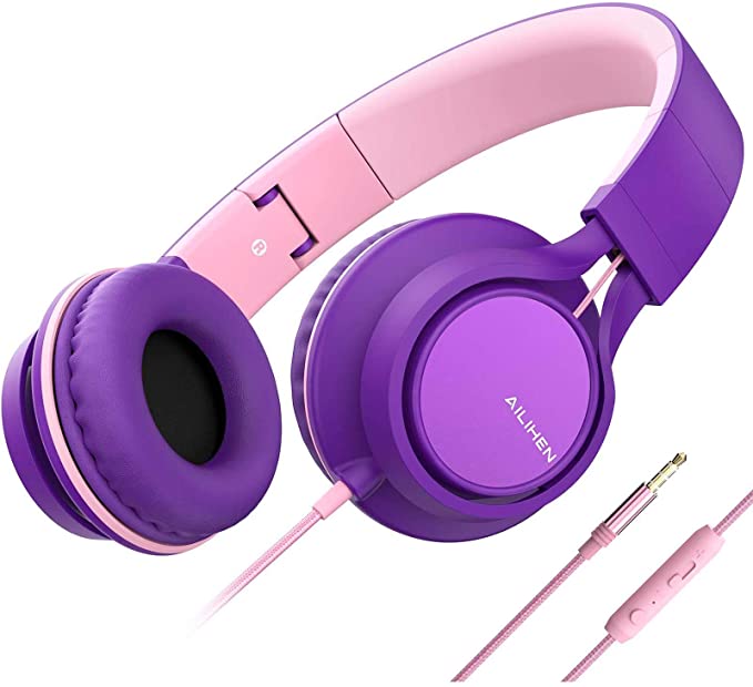 AILIHEN C8 (Upgraded) Headphones with Microphone and Volume Control Folding Lightweight Headset 3.5mm Jack for Cellphones Tablets Smartphones Computer PC Mp3/4 (Purple Pink)