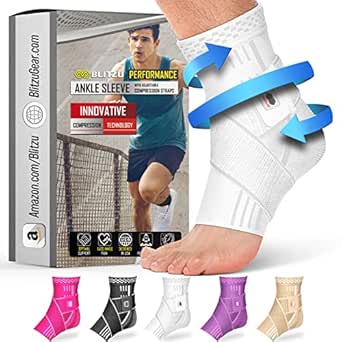 BLITZU Ankle Brace With Adjustable Compression Support Strap for Achilles Tendonitis, Joint Pain Relief. Ankle Wrap for Women & Men. Sprained Ankle Protectors Sleeve for Heel Pain Foot Arch White XL