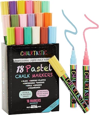 Chalktastic Chalk Markers, Chalkboard Markers with Reversible 7mm Fine or Chisel Tip, Erasable Liquid Chalk Markers for Menu Board, Glass, Blackboard, Window, Signs, Bistro, Car- 18 Pack Pastel