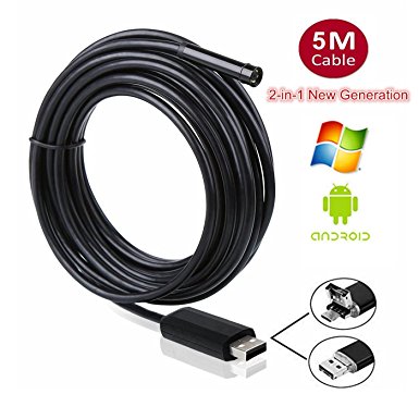 Endoscope, Snake Camera, 6 LEDs Waterproof Inspection Camera with Snake Soft Wire for Laptops and USB OTG Compatible Android Smartphone (5M (2 in 1))