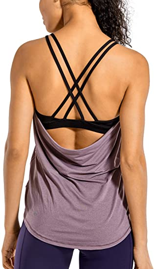 CRZ YOGA Lightweight Heather Women's Workout Tank Tops with Built in Bra Flowy Shirts Strappy Open Back Activewear