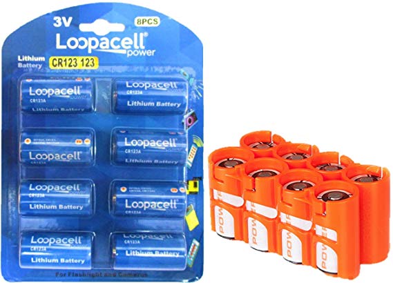 8 Loopacell 123 CR123A Lithium Batteries for Flashlight and Cameras - with Holder