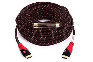 KAYO Hi-Speed HDMI1.4 Cable 100 FT with SIGNAL BOOSTER, Cable Tie & USB Charger/ RED & BLACK Mesh | Supports 3D, 4K x 2K Video, resolution up to 1440 pixels