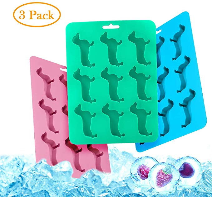 Cute Dachshund Dog Shaped Silicone Ice Cube Trays and Molds BPA Free for Whisky (three color 3 pack)