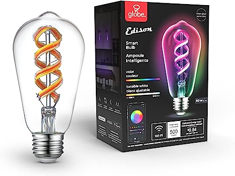 Globe Electric 35847 Wi-Fi Smart 7W (60W Equivalent) Multicolor Changing RGB Tunable White Clear LED Light Bulb, No Hub Required, Voice Activated, 2000K - 5000K, ST19 Shape, E26 Base